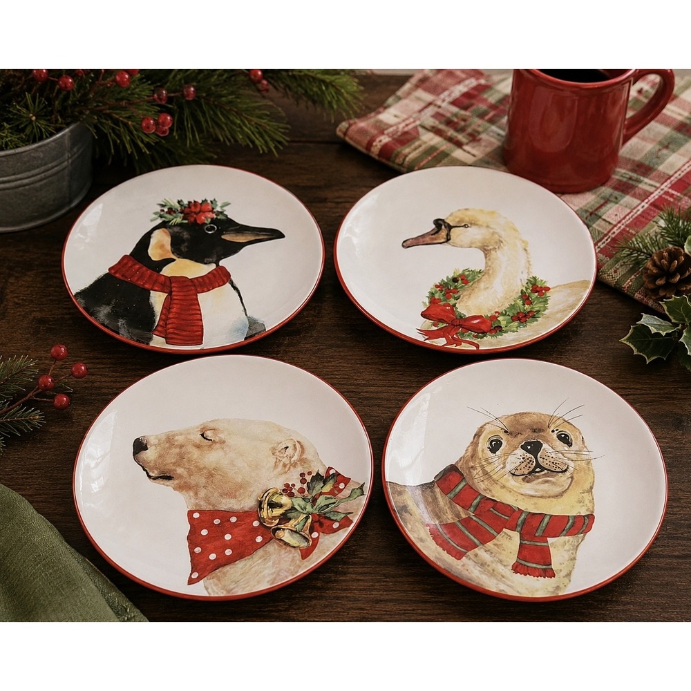 Pier 1 Christmas Wild Animals Salad Plates Set of 4 Penguin Swan Polar Bear Seal